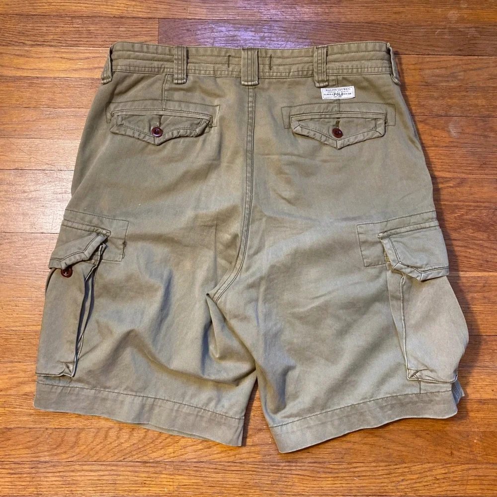 Polo Ralph Lauren Chino Cargo Shorts Baggy Olive Green Cotton Size 35